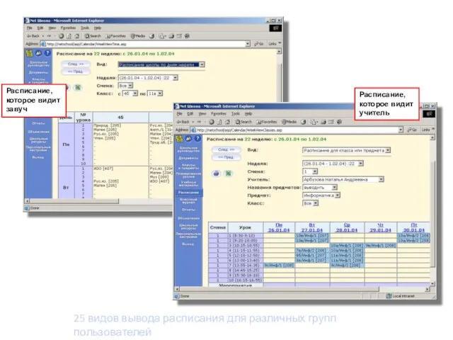 Расписание, которое видит завуч Расписание, которое видит учитель 25 видов вывода расписания для различных групп пользователей