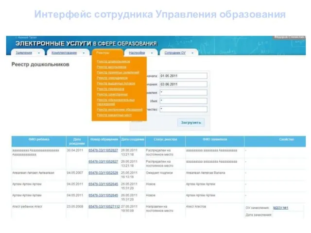 Интерфейс сотрудника Управления образования