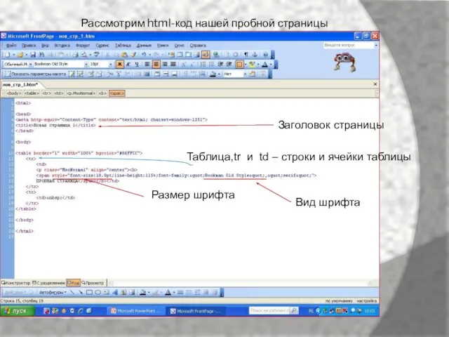 Рассмотрим html-код нашей пробной страницы Заголовок страницы Таблица,tr и td – строки