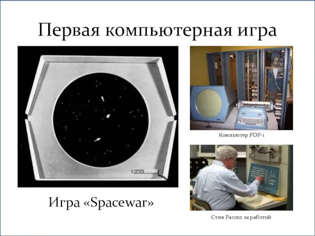 Игра «Spacewar» Первая компьютерная игра Компьютер PDP-1 Стив Рассел за работой