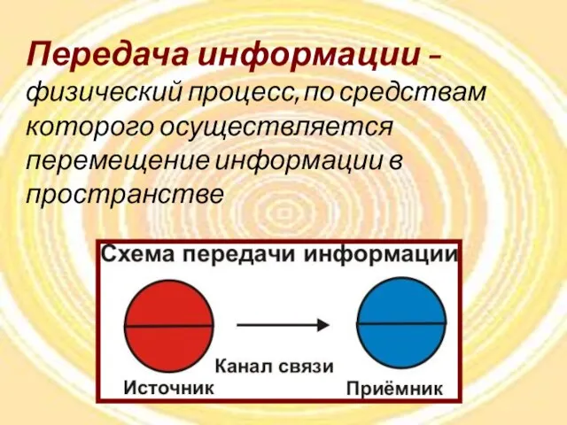 Передача информации – физический процесс, по средствам которого осуществляется перемещение информации в пространстве