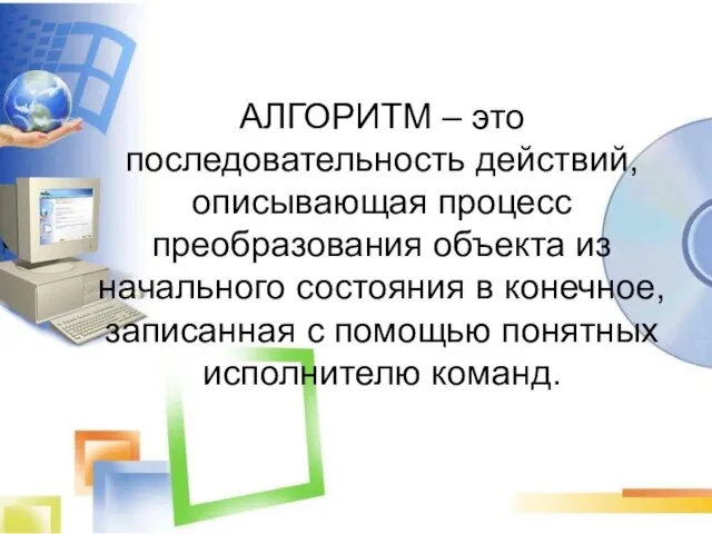 АЛГОРИТМ – это последовательность действий, описывающая процесс преобразования объекта из начального состояния