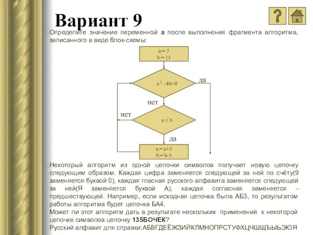 Вариант 9 Определите значение переменной a после выполнения фрагмента алгоритма, записанного в