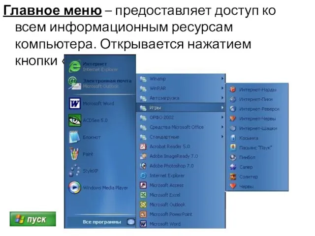 Главное меню – предоставляет доступ ко всем информационным ресурсам компьютера. Открывается нажатием кнопки «Пуск».