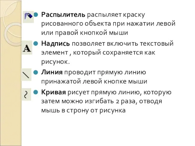 Распылитель распыляет краску рисованного объекта при нажатии левой или правой кнопкой мыши