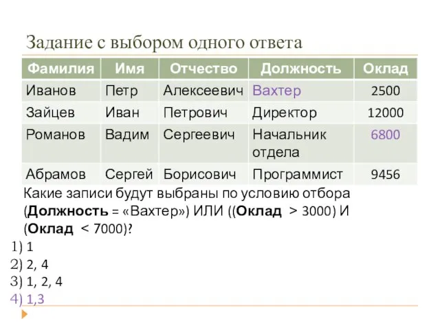 Задание с выбором одного ответа Какие записи будут выбраны по условию отбора