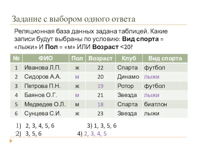 Задание с выбором одного ответа Реляционная база данных задана таблицей. Какие записи