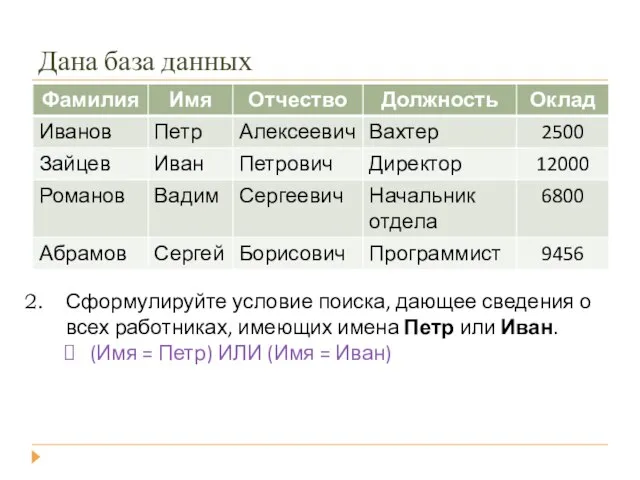 Дана база данных Сформулируйте условие поиска, дающее сведения о всех работниках, имеющих