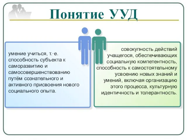 Понятие УУД умение учиться, т.·е. способность субъекта к саморазвитию и самосовершенствованию путём