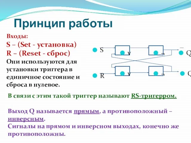 Принцип работы Входы: S – (Set - установка) R – (Reset -