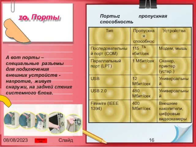 08/08/2023 Слайд 10. Порты А вот порты – специальные разъемы для подключения