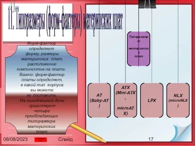 08/08/2023 Слайд 11. Типоразмеры (форм-факторы) материнских плат Оглавление Форм-фактор определяет форму, размеры