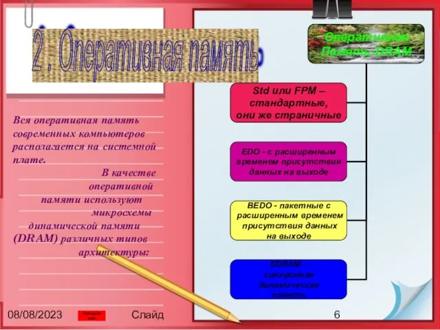 08/08/2023 Слайд Вся оперативная память современных компьютеров располагается на системной плате. В