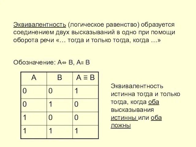 Эквивалентность (логическое равенство) образуется соединением двух высказываний в одно при помощи оборота