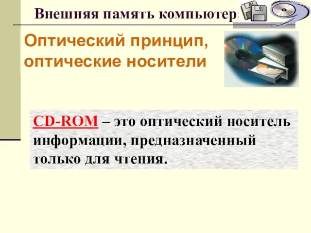 Внешняя память компьютера Оптический принцип, оптические носители CD-ROM – это оптический носитель