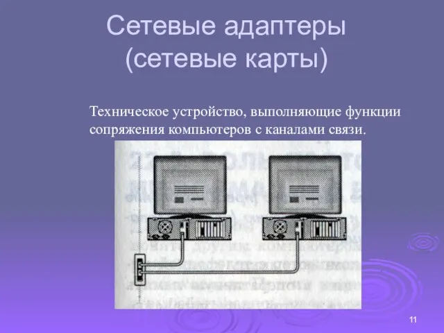 Сетевые адаптеры (сетевые карты) Техническое устройство, выполняющие функции сопряжения компьютеров с каналами связи.