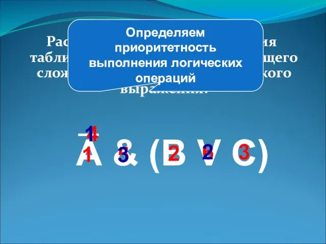 Рассмотрим пример построения таблицы истинности для следующего сложного (составного) логического выражения: А