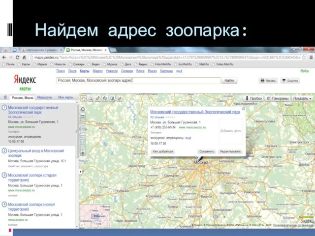 Найдем адрес зоопарка: введем в поиске слово «адрес». Получим следующее изображение: