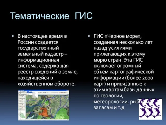 Тематические ГИС В настоящее время в России создается государственный земельный кадастр –