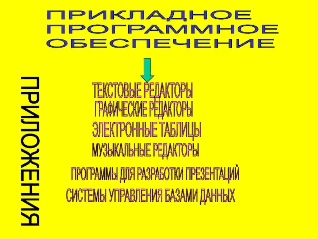 ПРИКЛАДНОЕ ПРОГРАММНОЕ ОБЕСПЕЧЕНИЕ ТЕКСТОВЫЕ РЕДАКТОРЫ ГРАФИЧЕСКИЕ РЕДАКТОРЫ ЭЛЕКТРОННЫЕ ТАБЛИЦЫ МУЗЫКАЛЬНЫЕ РЕДАКТОРЫ ПРОГРАММЫ