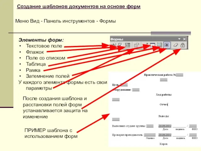 Создание шаблонов документов на основе форм Элементы форм: Текстовое поле Флажок Поле