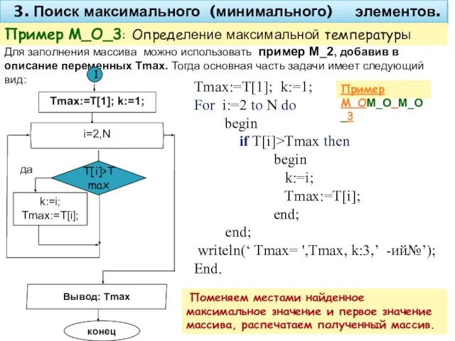 3. Поиск максимального (минимального) элементов. Пример M_O_3: Определение максимальной температуры Для заполнения