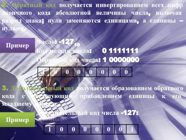 2. Обратный код получается инвертированием всех цифр двоичного кода абсолютной величины числа,