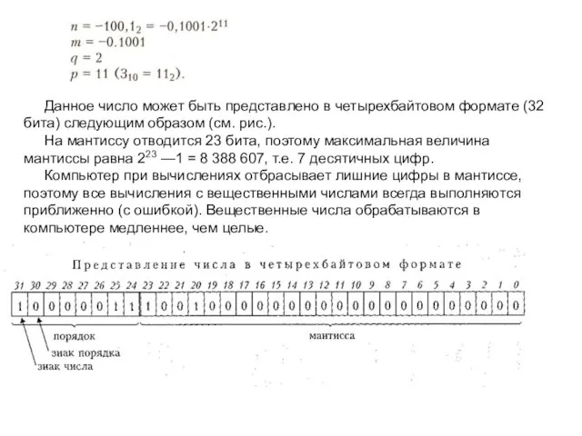 Данное число может быть представлено в четырех­байтовом формате (32 бита) следующим образом