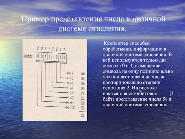 Пример представления числа в двоичной системе счисления. Компьютер способен обрабатывать информацию в