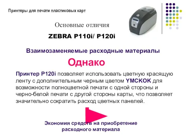 Принтеры для печати пластиковых карт ZEBRA P110i/ P120i Основные отличия Взаимозаменяемые расходные