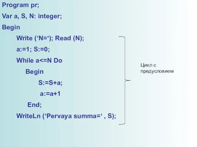 Program pr; Var a, S, N: integer; Begin Write (‘N=‘); Read (N);