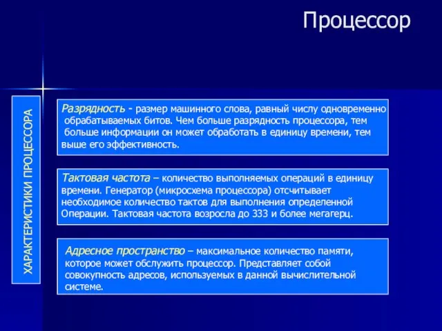 Процессор ХАРАКТЕРИСТИКИ ПРОЦЕССОРА Разрядность - размер машинного слова, равный числу одновременно обрабатываемых