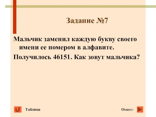 Задание №7 Мальчик заменил каждую букву своего имени ее номером в алфавите.