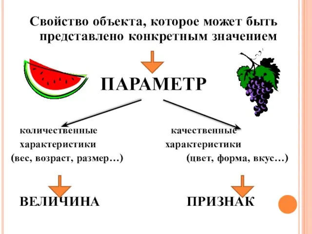 Свойство объекта, которое может быть представлено конкретным значением ПАРАМЕТР количественные качественные характеристики