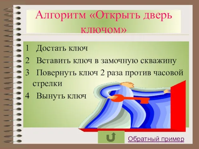 Алгоритм «Открыть дверь ключом» 1 Достать ключ 2 Вставить ключ в замочную