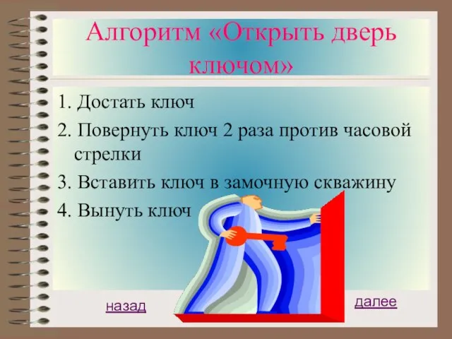 Алгоритм «Открыть дверь ключом» 1. Достать ключ 2. Повернуть ключ 2 раза