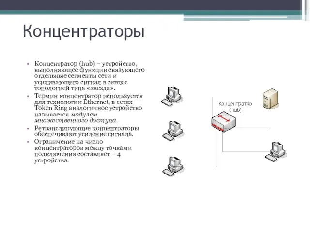 Концентраторы Концентратор (hub) – устройство, выполняющее функции связующего отдельные сегменты сети и