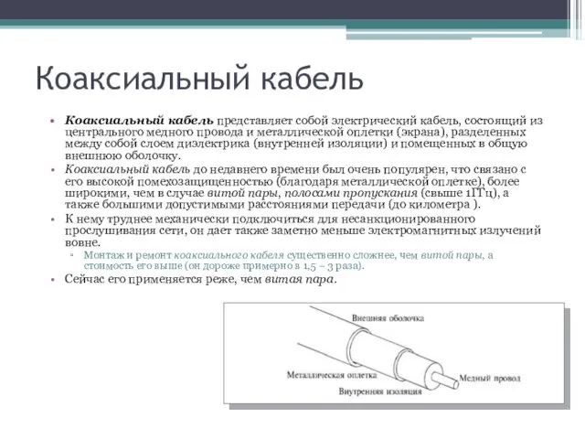 Коаксиальный кабель Коаксиальный кабель представляет собой электрический кабель, состоящий из центрального медного