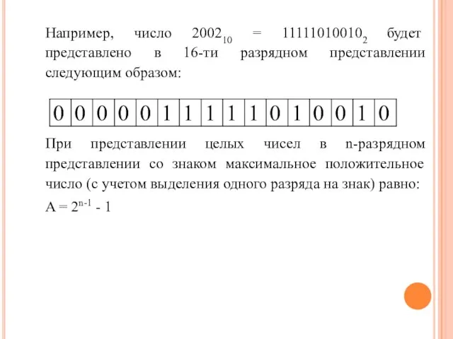 Например, число 200210 = 111110100102 будет представлено в 16-ти разрядном представлении следующим