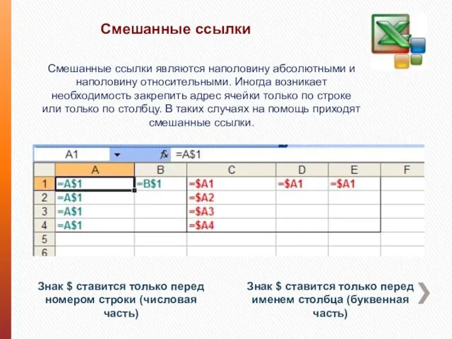 Смешанные ссылки Знак $ ставится только перед именем столбца (буквенная часть) Знак