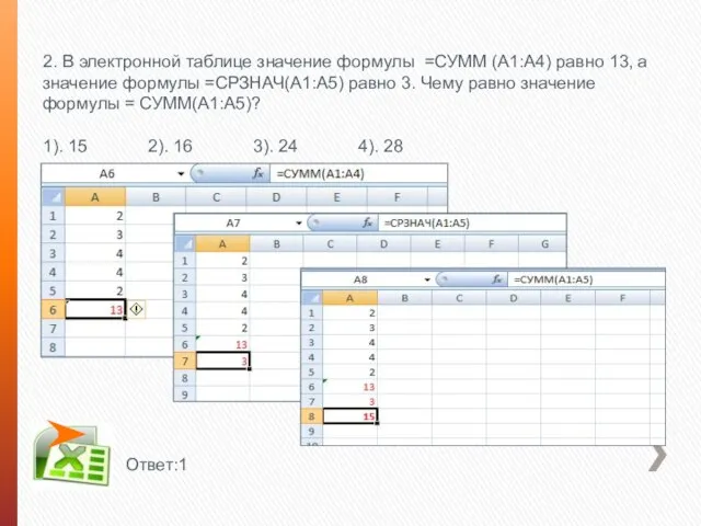 2. В электронной таблице значение формулы =СУММ (А1:А4) равно 13, а значение