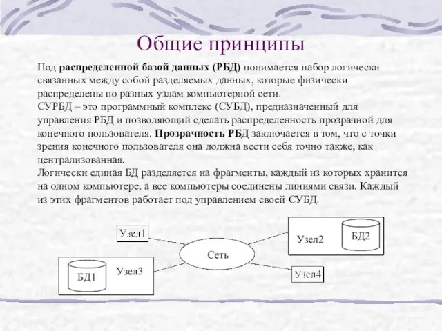 Общие принципы Под распределенной базой данных (РБД) понимается набор логически связанных между