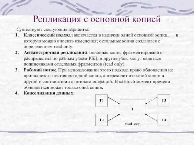 Репликация с основной копией Существуют следующие варианты: Классический подход заключается в наличии