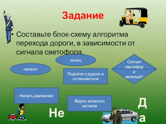 Задание Составьте блок-схему алгоритма перехода дороги, в зависимости от сигнала светофора. начало