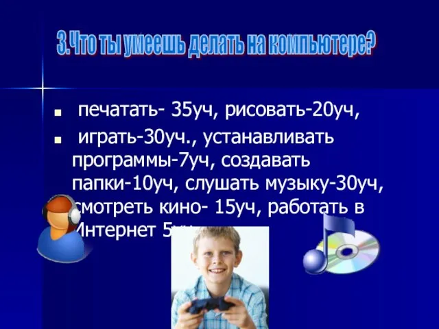 печатать- 35уч, рисовать-20уч, играть-30уч., устанавливать программы-7уч, создавать папки-10уч, слушать музыку-30уч, смотреть кино-