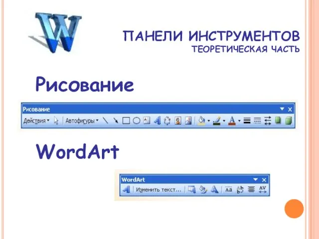 ПАНЕЛИ ИНСТРУМЕНТОВ ТЕОРЕТИЧЕСКАЯ ЧАСТЬ WordArt Рисование