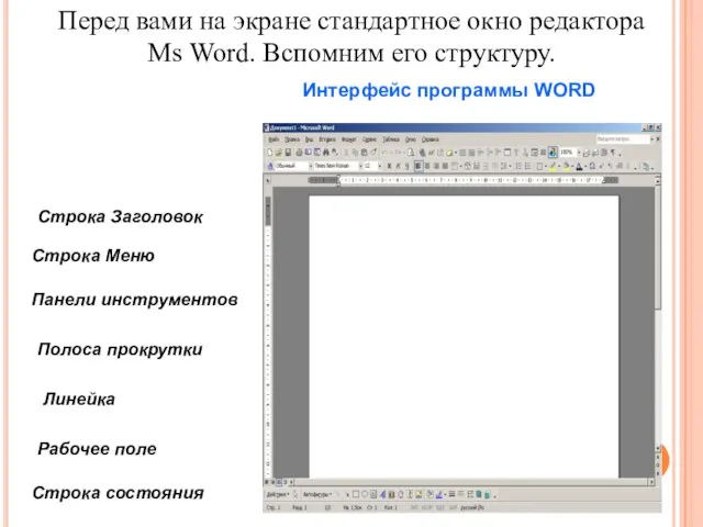 Строка Заголовок Строка Меню Полоса прокрутки Линейка Рабочее поле Строка состояния Панели