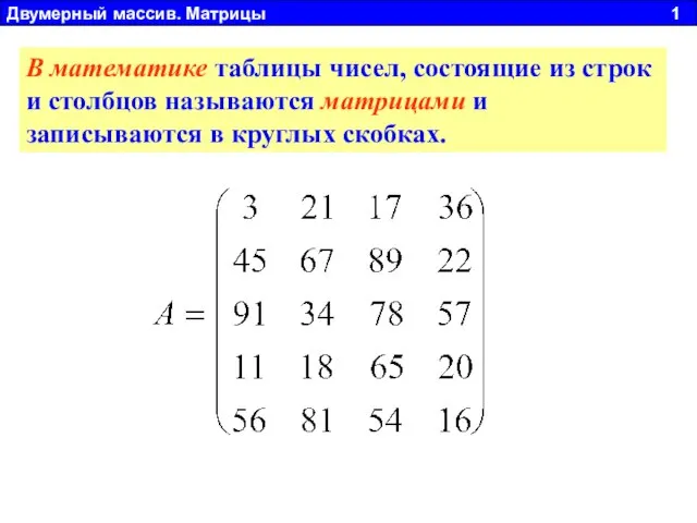 В математике таблицы чисел, состоящие из строк и столбцов называются матрицами и