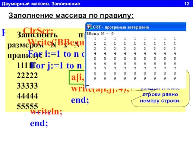 Двумерный массив. Заполнение 12 Заполнение массива по правилу: For i := 1