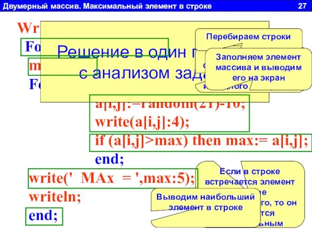 Двумерный массив. Максимальный элемент в строке 27 Write('ВВеди N = ');Readln(n); For